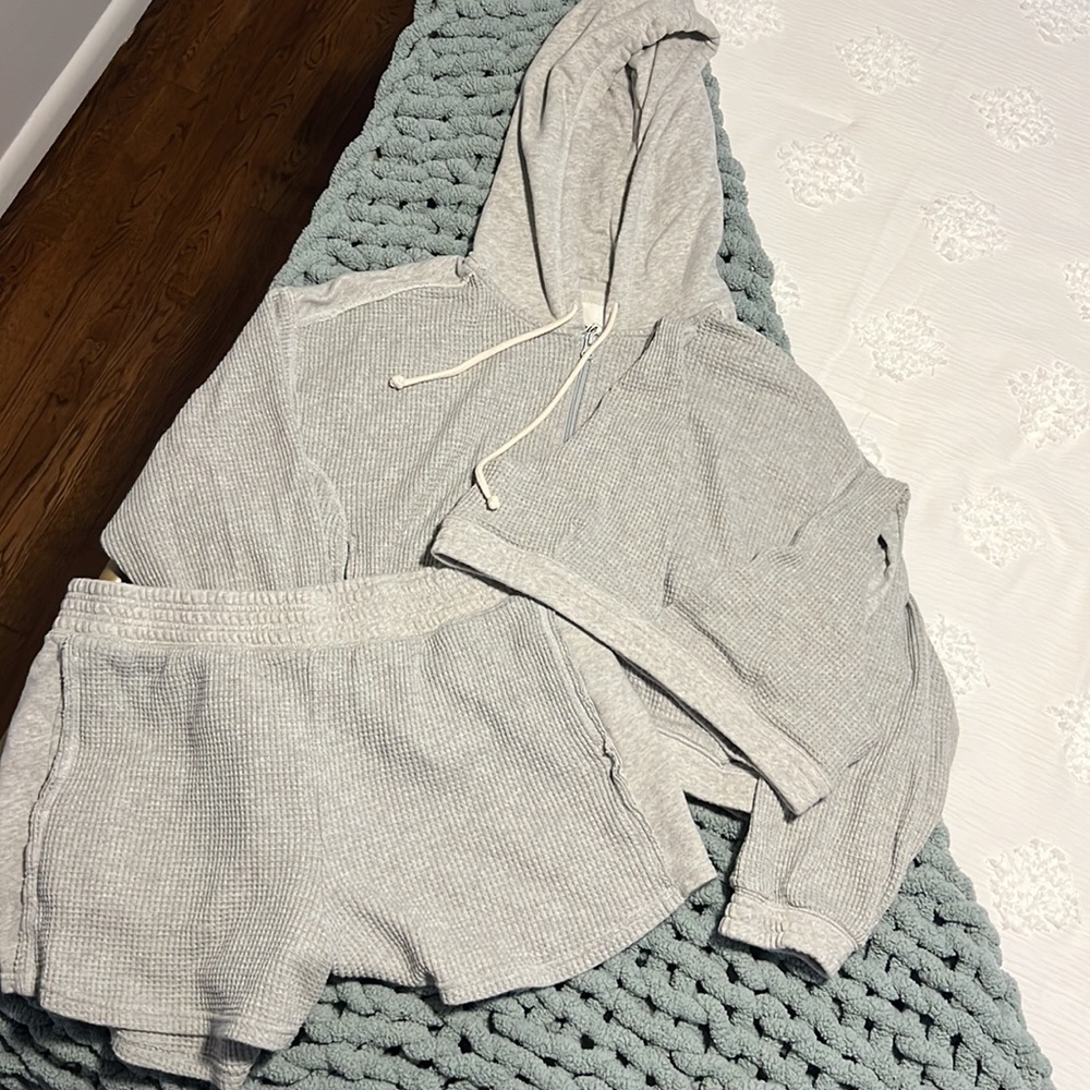 Aerie Waffle Bralette, Short and Cropped Zip Up Set